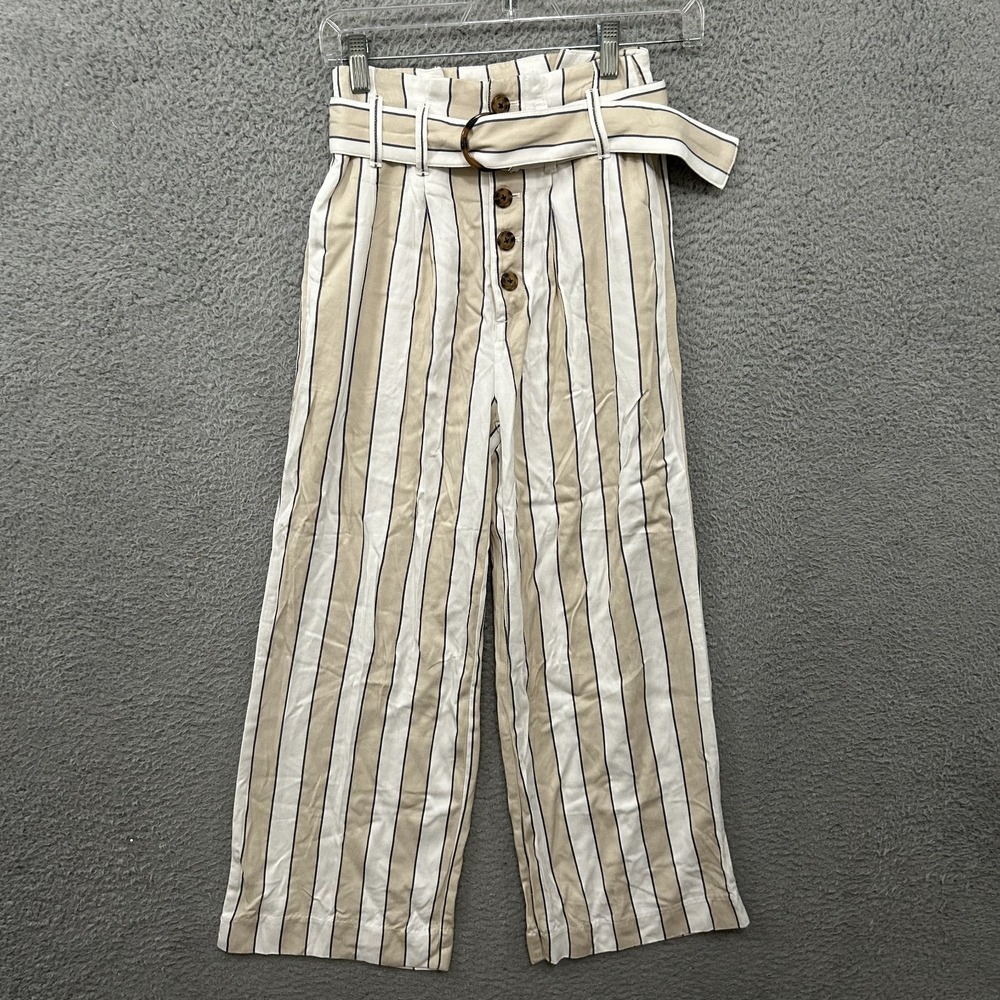 Abercrombie Fitch Pants Womens XXS Beige White Striped Viscose Belted Button Fly